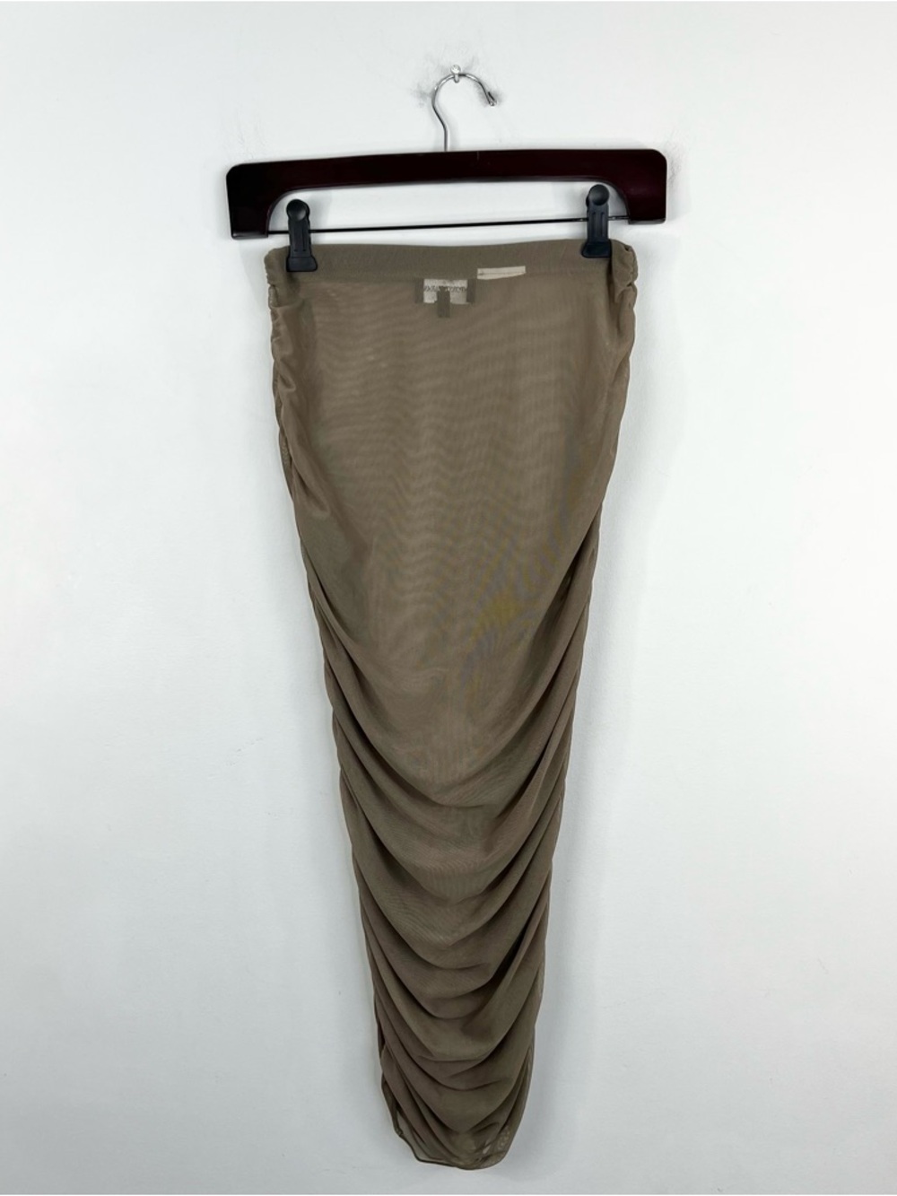 Emporio Armani S/S 21 taupe sheer Ruched Mesh bodycon midi skirt IT 40 - Picture 4 of 12